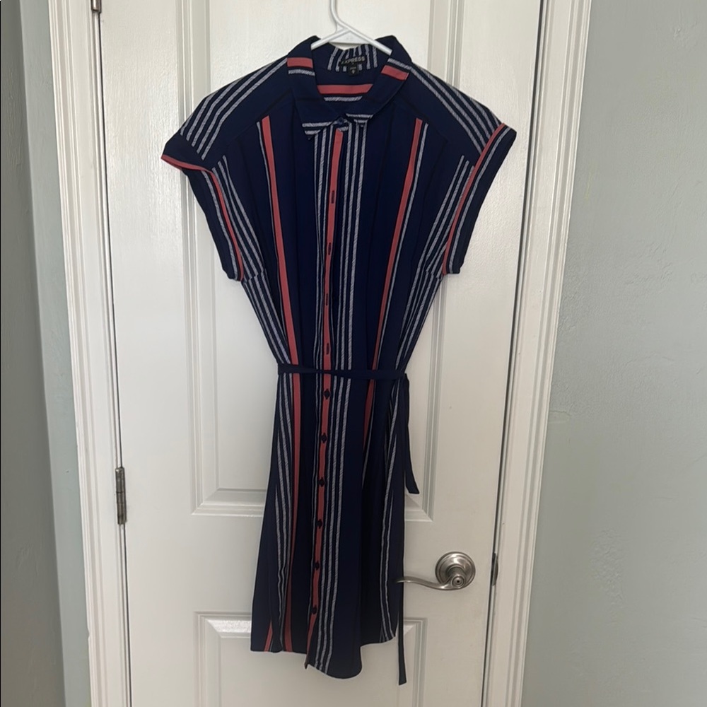 Express - Striped Navy Dress with Coral and White Stripes